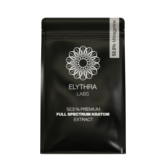 Envase negro de ELYTHRA LABS 52,5% Extracto Premium de Kratom de Espectro Completo con logotipo floral blanco y etiqueta de 52,5% de mitraginina.