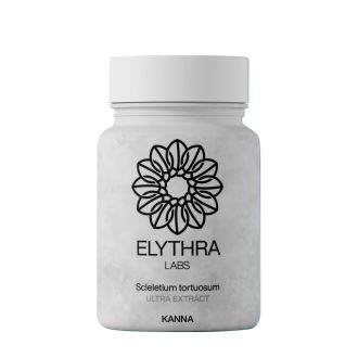 Frasco blanco de suplemento etiquetado como &ldquo;ELYTHRA LABS &ndash; Sceletium tortuosum ULTRA EXTRACT (KANNA)&rdquo; con un logotipo geom&eacute;trico floral negro en el frente.