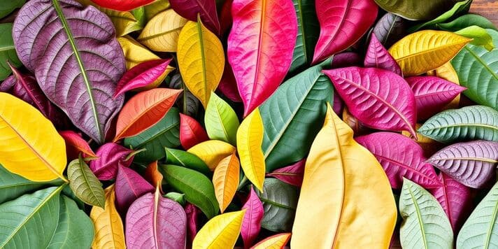 Hojas de kratom de diferentes colores y formas.