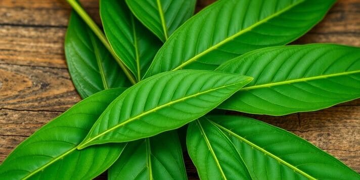 Hojas de kratom sobre una superficie de madera.