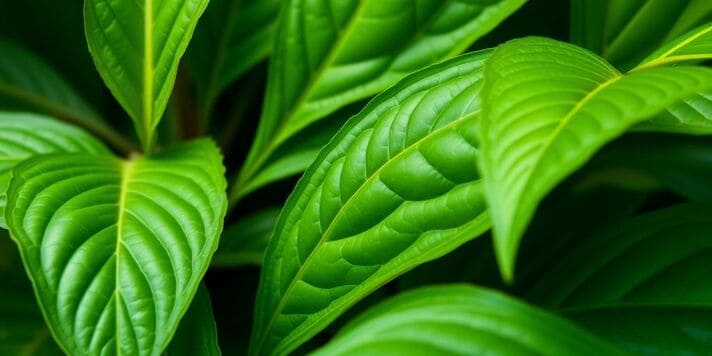 Hojas verdes de kratom Bali, frescas y brillantes.