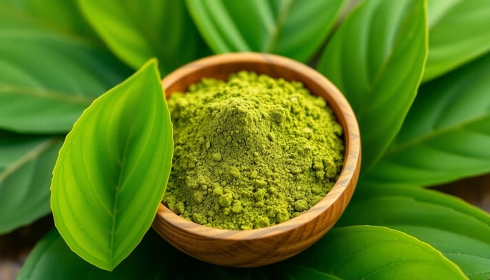 Kratom powder in a wooden bowl with green leaves.